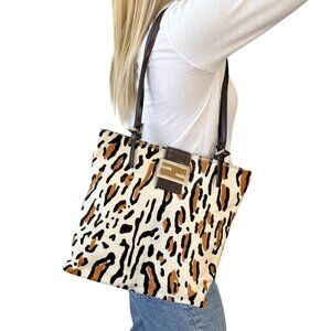 FENDI Vintage FF Logo Mamma Baguette Tote Bag Animal Print White [103889]